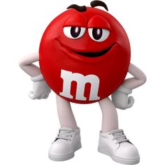 a red m & m's ball with its hands on his hips