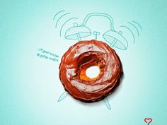 a donut with chocolate frosting and an alarm clock drawn on the front side