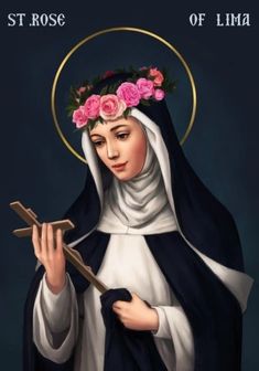 an image of the virgin mary holding a stick with roses on her head and wearing a black robe