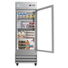 an open refrigerator with milk and other food items in it's door, isolated against a white background