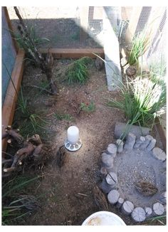 an outdoor fire pit surrounded by rocks and gravel in a garden area with grass growing around it