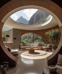 an open living room with mountains in the background and round windows on the wall to allow natural light