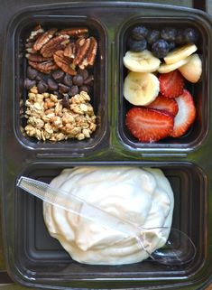 three compartments with fruit, yogurt and granola in them on a green tray