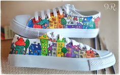 Urban Houses Sneakers Hand-Painted Shoes Urban Shoes | Etsy Canvas Shoe Art Ideas, Hand Painted Shoes Ideas, Painting Sneakers, Urban Houses, Shoe Art Designs, Handpainted Shoes, Hand Painted Sneakers