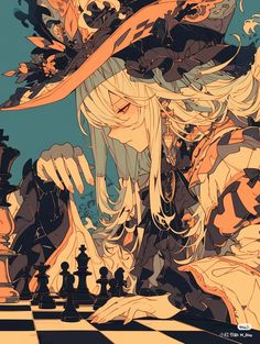 a drawing of a woman with long white hair standing in front of a chess board