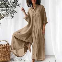 Season:Summer,Spring,Fall; Fabric:Polyester,Linen; Sleeve Length:Long Sleeve; Look After Me:Machine wash; Gender:Women's; Style:Boho,Holiday,Casual; Occasion:Holiday,Vacation,Daily; Fit Type:Loose Fit; Pattern:Solid Color; Neckline:Shirt Collar; Special Size:Normal; Jumpsuit Type:Jumpsuit; Front page:FF; Listing Date:03/31/2023; Bust:null; Length:null; Waist:null Women Long Sleeve Jumpsuit, Boho Fashion Winter, Beach Playsuit, Closet Dresser, Loose Romper, Shirt Collar Styles, Loose Jumpsuit, Casual Wide Leg Pants, Long Romper