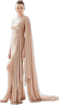 Embellished Draped Wedding Gown, Glamorous Gown With Sweep Train And Cape Sleeves, Floor-length Georgette Gown For Gala, Prom Gown With Sweep Train And Cape Sleeves, Fitted Georgette Gown With Cape Sleeves, Elegant Embellished Draped Gown, Evening Draped Georgette Gown, Draped Georgette Evening Gown, Party Gown With Sweep Train And Cape Sleeves