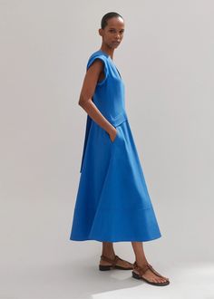 Tailored Flare Midi Dress Super Blue Modern A-line Maxi Dress For Spring, Blue Flared Dress, Modern Blue Dress For Summer, Modern Blue Summer Dress, Spring Workwear Dresses With Flared Skirt, Summer Workwear Midi Dress With Flared Skirt, Summer Flared Midi Dress For Workwear, Blue Fit And Flare A-line Maxi Dress, Blue Viscose Midi Dress