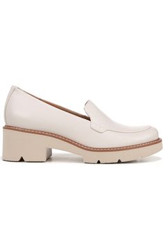 Beige Platform Loafers For Work, Elegant White Platform Loafers For Fall, Elegant Synthetic Platform Loafers With Round Toe, White Flats With Textured Sole For Work, White Slip-ons With Branded Insole, White Platform Loafers With Textured Sole For Spring, Elegant Synthetic Platform Loafers For Spring, Elegant Synthetic Platform Loafers With Flat Heel, Classic Flats With Arch Support For Spring