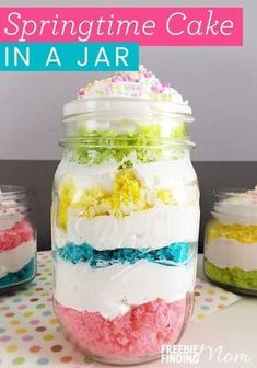 there is a jar with cake in it and the words springtime cake in a jar