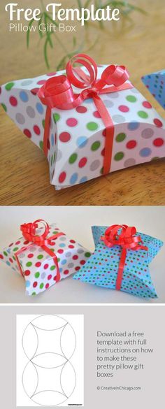 an origami gift box with red ribbon and polka dot paper on the top