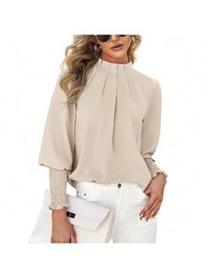 Khaki Elegant Collar Long Sleeve  Plain  Embellished   Women Clothing Fitted Long Sleeve Neutral Blouse, Beige Long Sleeve Office Blouse, Versatile Long Sleeve Beige Blouse, Beige Fitted Long Sleeve Blouse, Beige Long Sleeve Blouse With Button Closure, Top Shirt Women, Puff Long Sleeves, Work Shirts, Work Casual