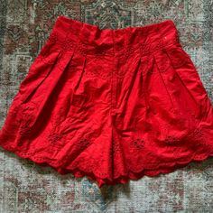 Fp Embroidered Shorts Size Large Never Worn/No Tags Casual Red Bottoms With Floral Embroidery, Red Cotton Bottoms With Floral Embroidery, Embroidered Red Bottoms For Summer, Red Embroidered Bottoms For Summer, Red Short Leg Bottoms For Spring, Spring Red Short Leg Bottoms, Embroidered Cotton Shorts, Free People Shorts, Embroidered Shorts