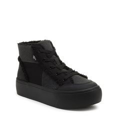 Embrace edgy style with the Flair Black Patchwork Platform Sneakers by Rocket Dog. These high top sneakers boast a black patchwork cotton upper, soft jersey lining, and a rubber flatform wedge. Perfect with distressed jeans and a leather jacket for a rock-chic vibe or soften with a floral dress. 🖤 Rocket Dog high top women's sneaker Style: Lace up high top flatform sneaker Upper: Black patchwork cotton Lining: Jersey Sole: Rubber flatform wedge Heel Height: 1.89 inches Platform height .67 inche Black High-top Sneakers For Winter, Urban Mid-top High-top Sneakers For Fall, Fall Canvas Sneakers For Streetwear, Black Lace-up High-top Sneakers For Fall, Black Casual Sneakers For Fall, Black Winter Sneakers With Contrast Sole, Black Canvas Sneakers For Fall, Trendy Black Cotton Sneakers, Black Trendy Cotton Sneakers