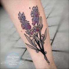 a tattoo with purple flowers on the left arm and leg, is shown in black ink