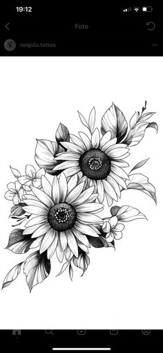 a black and white drawing of sunflowers on a cell phone with the screen open