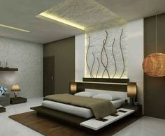 a modern bedroom with white and brown decor