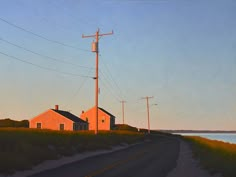 an oil painting of a house on the side of a road next to water and telephone poles