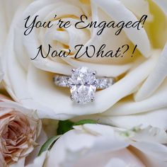 a wedding ring sitting on top of a bouquet of flowers with the words, you're engaged now what?