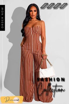 Spaghetti Strap Striped Casual Loose Jumpsuit Chic Brown Jumpsuits And Rompers For Summer, Elegant Brown Jumpsuits And Rompers For Summer, Elegant Striped Sleeveless Jumpsuits And Rompers, Elegant Brown Summer Jumpsuits And Rompers, Spring Handbags, Studded Handbag, Cami Jumpsuit, Loose Jumpsuit, White Romper