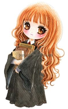 a watercolor drawing of a girl with long red hair and brown eyes holding a book