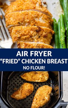 air fryer fried chicken breast in a pan with green beans and asparagus