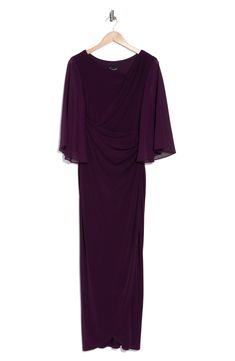 Exude classic elegance in a navy-blue gown designed with frothy sheer sleeves and shaped with delicate ruching. 58" length Slips on over head Asymmetric neck Bracelet-length sleeves Lined, except sleeves 96% polyester, 4% spandex body with 100% polyester sleeves Hand wash, dry flat Imported Purple Ruched Maxi Dress For Evening, Elegant Purple Chiffon Gown, Formal Draped Chiffon Evening Dress, Formal Chiffon Evening Dress With Draped Design, Ruched Chiffon Evening Dress, Chiffon Evening Dress With Ruched Details, Elegant Draped Ruched Gown, Elegant Ruched Draped Gown, Elegant Ruched Mother Of The Bride Evening Dress