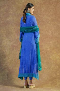 Ink blue kaftan style kurta with lace embroidery. Comes with sky blue dhoti pant and a dark green dupatta. - Aza Fashions V Neck Kurta, Blue Kaftan, Green Dupatta, Dhoti Pants, Kaftan Style, Ink Blue, Lace Embroidery, Pant Set, Embroidered Silk