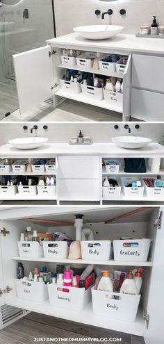 two pictures of the inside of a bathroom cabinet with bins and containers on it