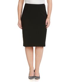 Kasper Plus Stretch-Crepe Skimmer Skirt Flattering Fitted Midi-length Skirt, Fitted Elastane Bottoms Midi Length, Fitted Elastane Midi Bottoms, Fitted Midi Length Workwear Bottoms, Fitted Midi-length Bottoms For Office, Midi Length Elastane Pencil Skirt With Lining, Classic Fitted Midi Bottoms, Fitted Classic Midi Length Bottoms, Fitted Midi Length Bottoms For Workwear