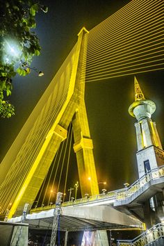 the bridge is lit up at night time