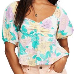 Nwt Billabong In Your Dreams Floral Top Blouse Large Purple Yellow Gorgeous Top Trendy Yellow Printed Blouse, Trendy Printed Yellow Blouse, Feminine Yellow Blouse For Day Out, Feminine Yellow Blouse For Brunch, Feminine Yellow Summer Blouse, Feminine Yellow Blouse For Summer, Feminine Yellow Top For Beach, Feminine Yellow Tops For Beach, Yellow Printed Blouse For Day Out