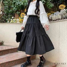 Lasaky - Beautiful White Long Dress with Flattering Silhouette Japanese Street Fashion Long Skirt, Outfits To Look Shorter, Cute Outfits Maxi Skirt, Long Skirt Vintage Outfit, Long Skirt Preppy Outfit, Korean Skirts Outfit, Long Skirt Japanese Style, Black Long Skirt Outfit Ideas, Pleated Skirt Outfit Long