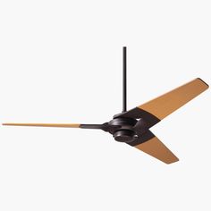 a ceiling fan with two wooden blades on it's blades and a light brown blade