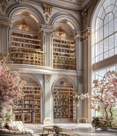 a living room filled with lots of furniture and bookshelves next to a window