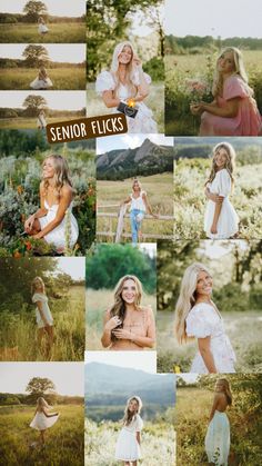 a collage of photos with the words senior flicks written in different font styles