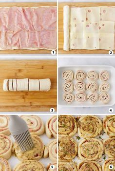 the steps to making ham rolls are shown in several different pictures, including one being rolled up