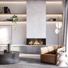 a modern living room with a fireplace and chairs