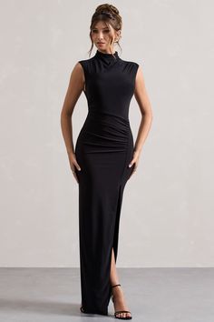 Lanetta | Black Ruched High-Neck Maxi Dress With Split High Neck Corset Dress, High Neck Dress Black, High Neck Maxi Dress, Dress With Split, Club L London, Leg Split, Black Dress Prom, Black Tie Gala, Black Tie Dress