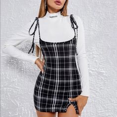 Shein Knot Shoulder Split Hem Plaid Overall Dress Size: Xs Color: Black & White Plaid Nwot Never Worn Plaid Overall Dress, Short Sundress, Party Mini Dress, Slim Dress, Elegante Casual, Looks Black, Womens Pencil Skirts, Elegant Skirt, Slim Dresses