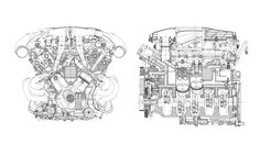 two drawings of the engine and parts of a car