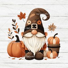 an image of a gnome with pumpkins and leaves