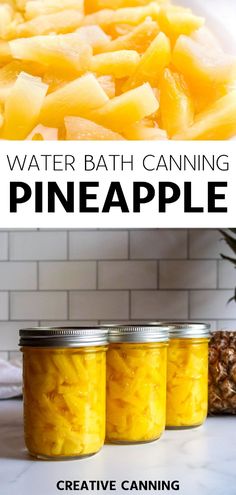 three jars filled with pineapple sitting on top of a counter next to pineapples