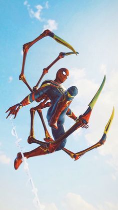 a spider - man flying through the air with his arms extended and legs spread out