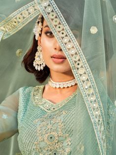 Buy enchanting sea green net festive wear anarkali suit online on Inddus. This endearing anarkali gown set comes with a net dupatta and satin bottom. Light Blue Anarkali, Kids Kaftan, Blue Anarkali, Greenish Grey, Butterfly Net, Modest Evening Dress, Lehenga Suit, Lehenga Style, Anarkali Gown