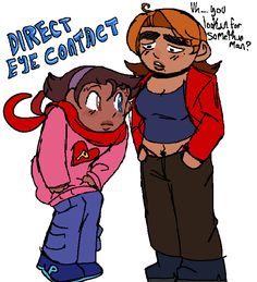 a drawing of two people with the caption directe de contact on their face