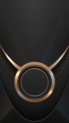 an abstract black and gold background with circular metal accents on the center, in front of a dark backdrop