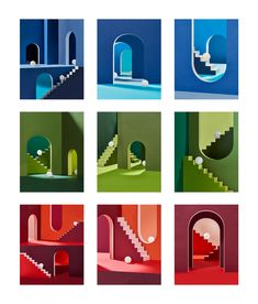 six different images of stairs and steps in various colors