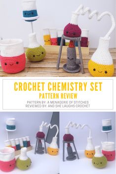 the crochet chemistry set pattern is shown in three different colors and sizes, including two