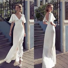 two photos of a woman wearing a white dress and standing in front of some stairs